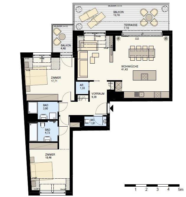 Grundriss einer Wohnung mit zwei Schlafzimmern, zwei Bädern, Wohnküche und zwei Balkonen.