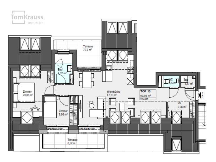 Detaillierter Grundriss einer Wohnung mit Wohnküche, zwei Zimmern, Bad und zwei Terrassen.