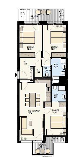 Grundriss einer Wohnung mit drei Zimmern, zwei Bädern, Wohnküche und zwei Balkonen.