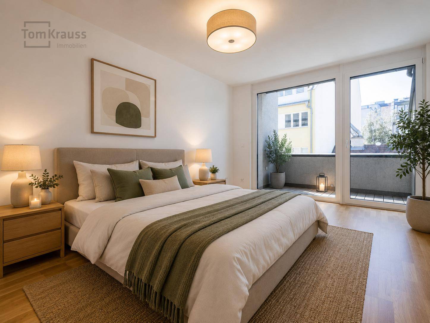 Modernes Schlafzimmer mit Doppelbett, Teppich und Zugang zu einem kleinen Balkon.