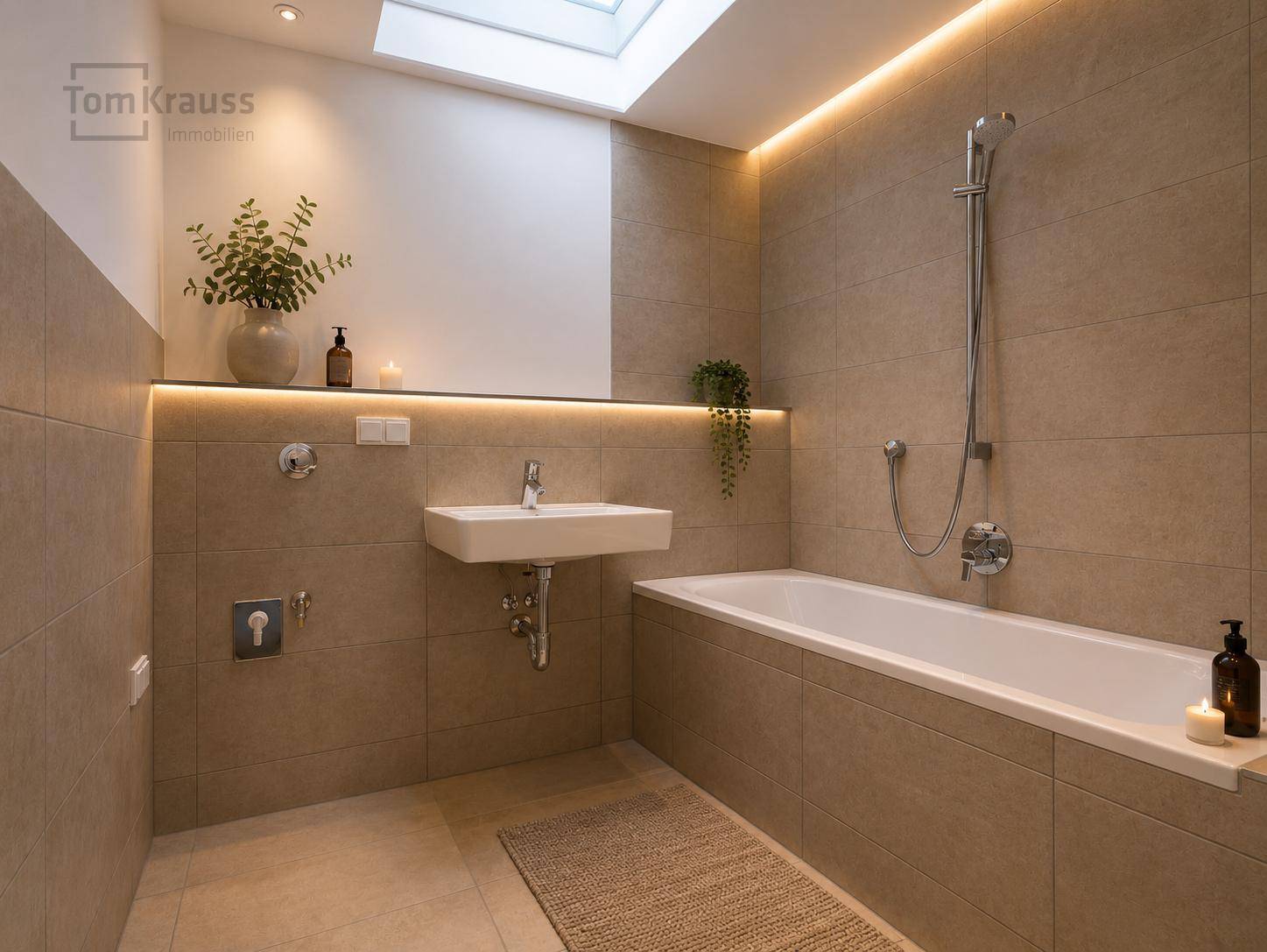 Modernes Badezimmer mit beigefarbenen Fliesen, Badewanne, wandhängendem Waschbecken und indirekter Beleuchtung.