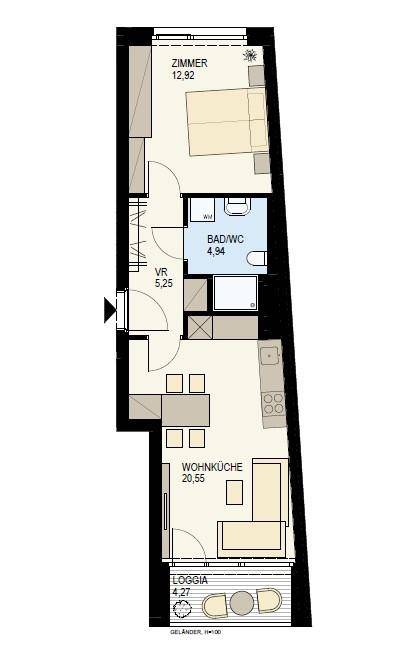 Grundriss einer Wohnung mit Wohnküche, Schlafzimmer, Bad und Loggia.