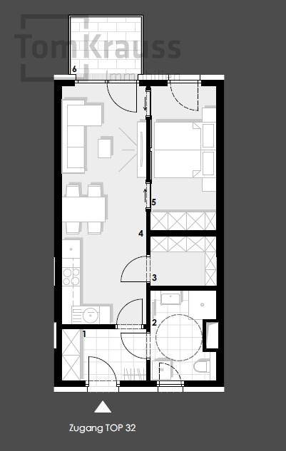 Grundriss einer Wohnung mit offenem Wohnbereich, Schlafzimmer und Balkon.