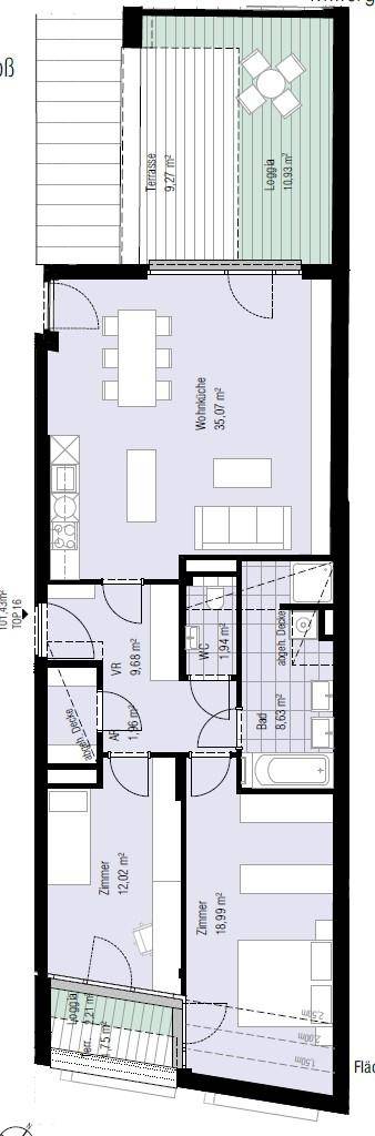 Detaillierter Grundriss einer Wohnung mit Terrasse, Loggia und mehreren Zimmern.