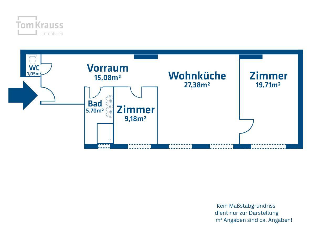 Grundriss der Wohnung mit Wohnküche, Bad, WC und drei Zimmern.