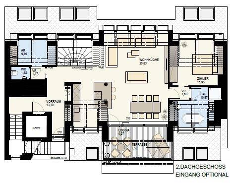 Grundriss des zweiten Dachgeschosses mit Wohnküche, Schlafzimmer und großer Terrasse.