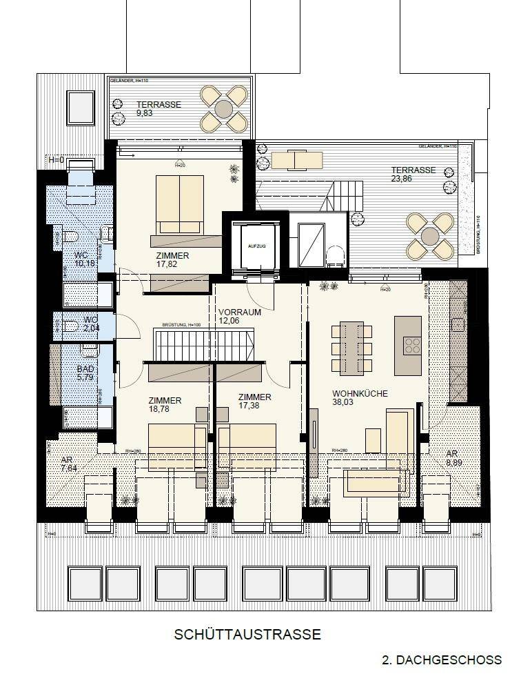 Grundriss des 2. Dachgeschosses mit Wohnküche, mehreren Zimmern, Bädern und Terrassen.