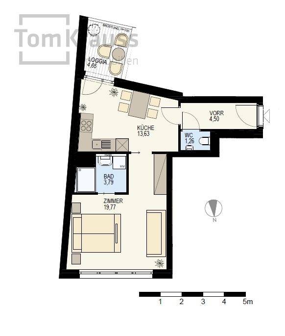 Grundriss einer Wohnung mit Küche, Bad, WC, Zimmer und Loggia.