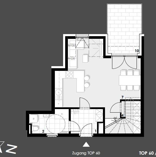 Grundriss der unteren Ebene mit offener Küche, Essbereich und großer Terrasse.