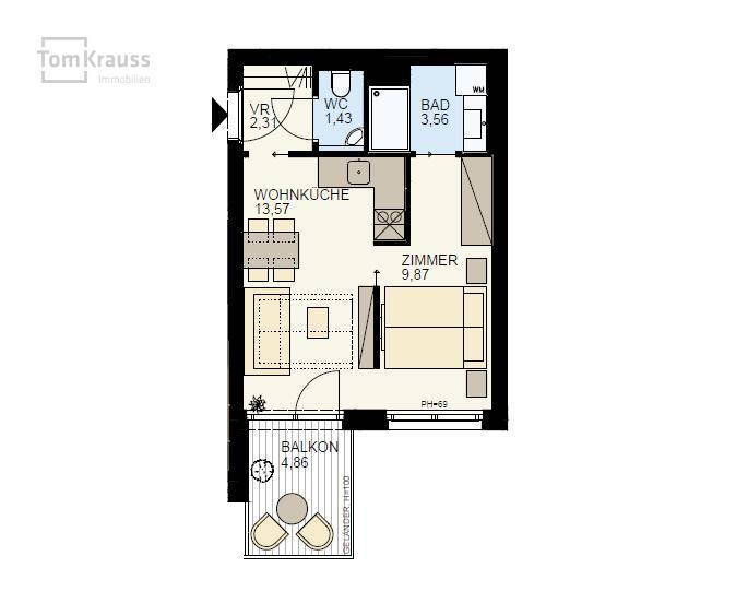 Grundriss einer Wohnung mit Wohnküche, Schlafzimmer, Bad, WC und Balkon.
