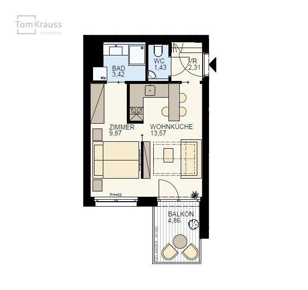 Grundriss einer Wohnung mit einem Zimmer, Wohnküche, Bad, WC und Balkon.