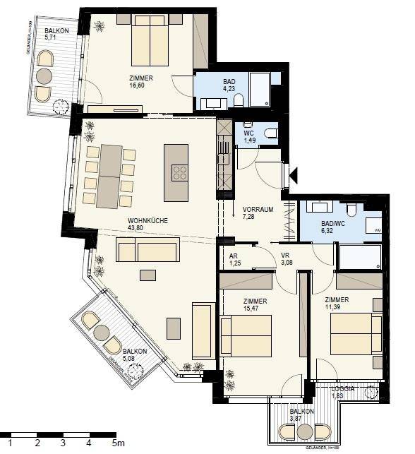Detaillierter Grundriss einer Wohnung mit mehreren Zimmern, Balkonen und einer Loggia.
