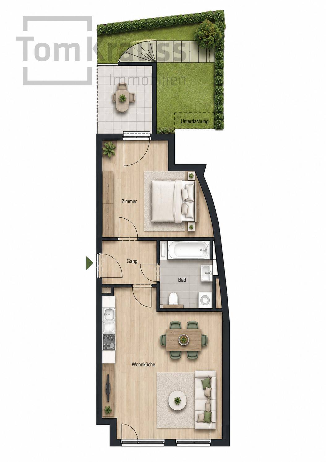 Grundriss einer Wohnung mit offener Wohnküche, Schlafzimmer, Bad und Gartenbereich.