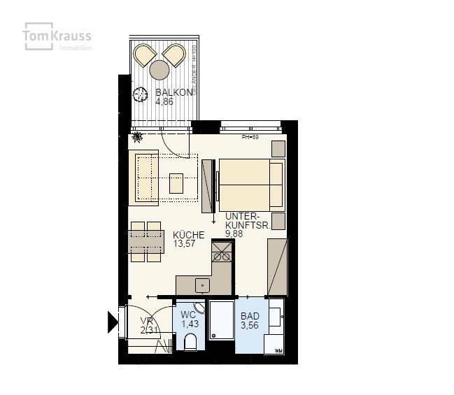 Grundriss einer Wohnung mit Balkon, Küche, Bad und separatem WC, inklusive Flächenangaben.