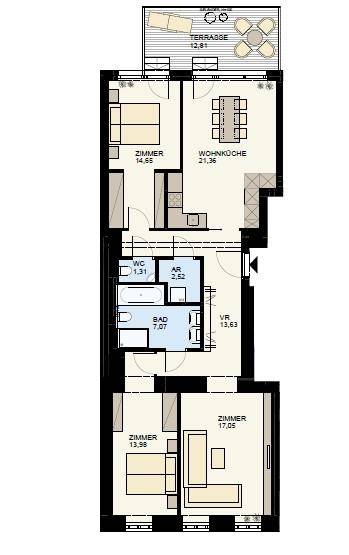 Grundriss einer Wohnung mit drei Zimmern, Wohnküche, Bad, WC und einer Terrasse.