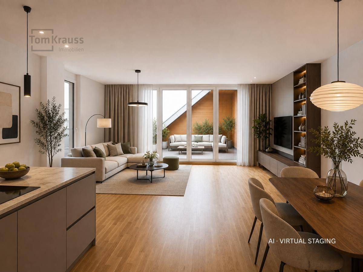Virtuell inszenierter offener Wohn-Essbereich mit moderner Küche und Zugang zur Terrasse.