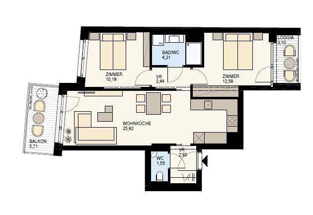 Grundriss einer Wohnung mit zwei Schlafzimmern, Wohnküche, Bad, WC, Balkon und Loggia.