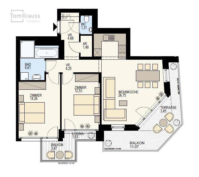 Detaillierter Grundriss mit Wohnküche, zwei Zimmern, Bad, WC und Terrassenzugang.