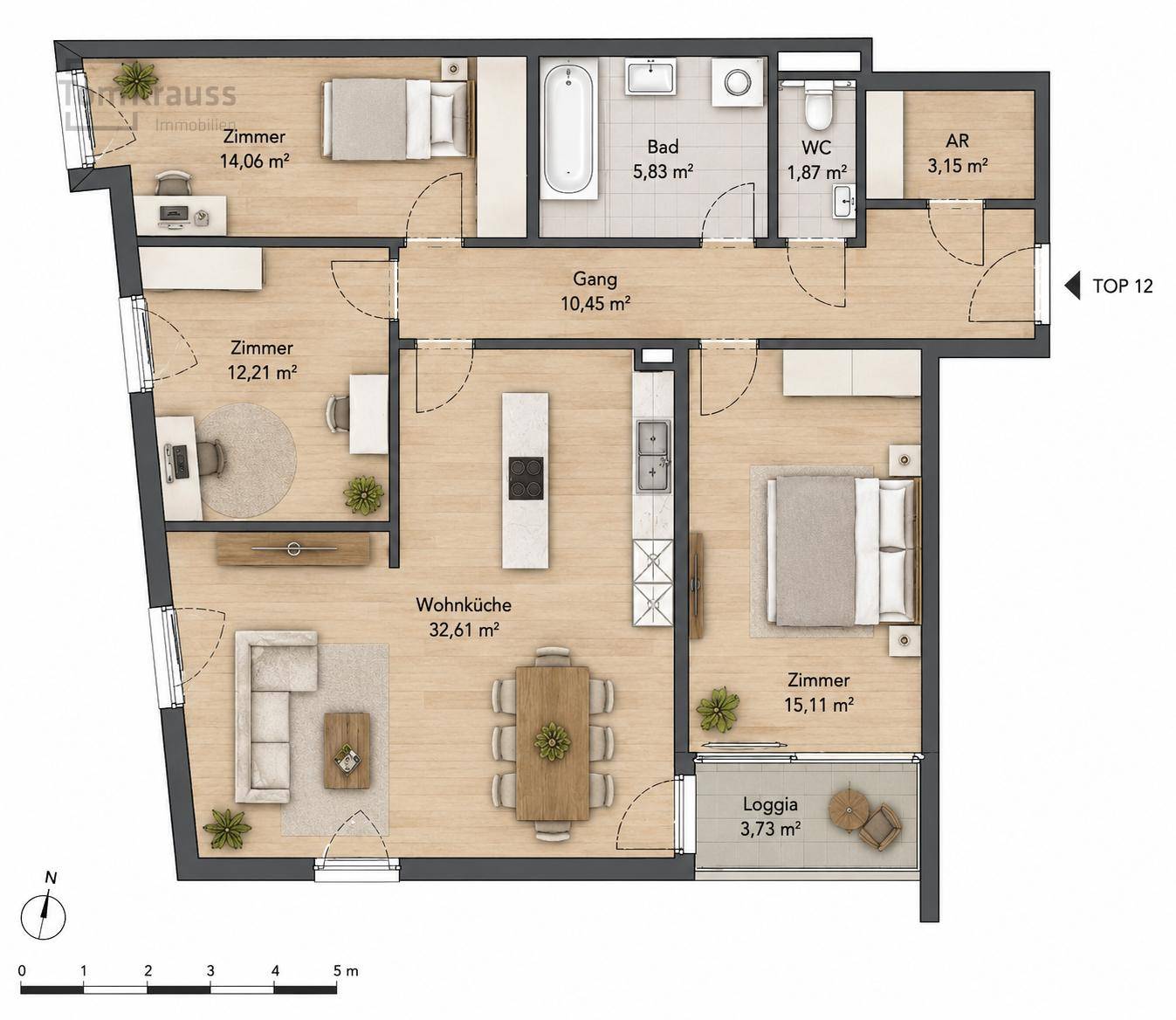 Grundriss einer Wohnung mit offener Wohnküche, zwei Schlafzimmern und Loggia.