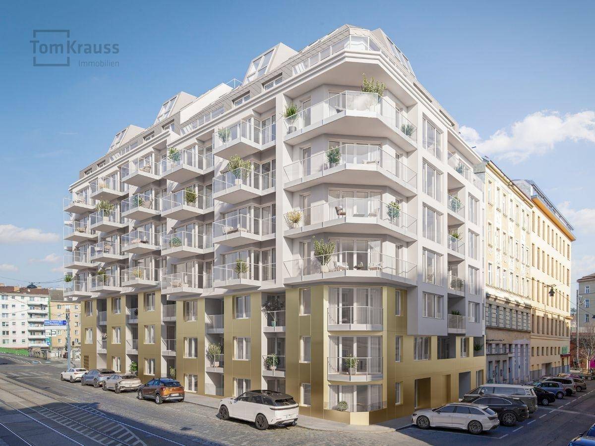 Modernes Mehrfamilienhaus mit vielen Balkonen und goldfarbenen Akzenten an der Fassade.