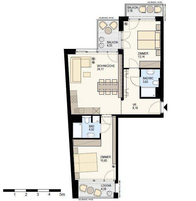 Grundriss einer Wohnung mit Wohnküche, zwei Zimmern, zwei Bädern und Balkonen.