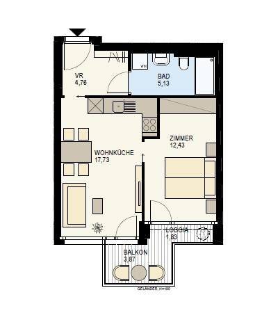 Grundriss einer Wohnung mit Wohnküche, Zimmer, Bad, Loggia und Balkon.