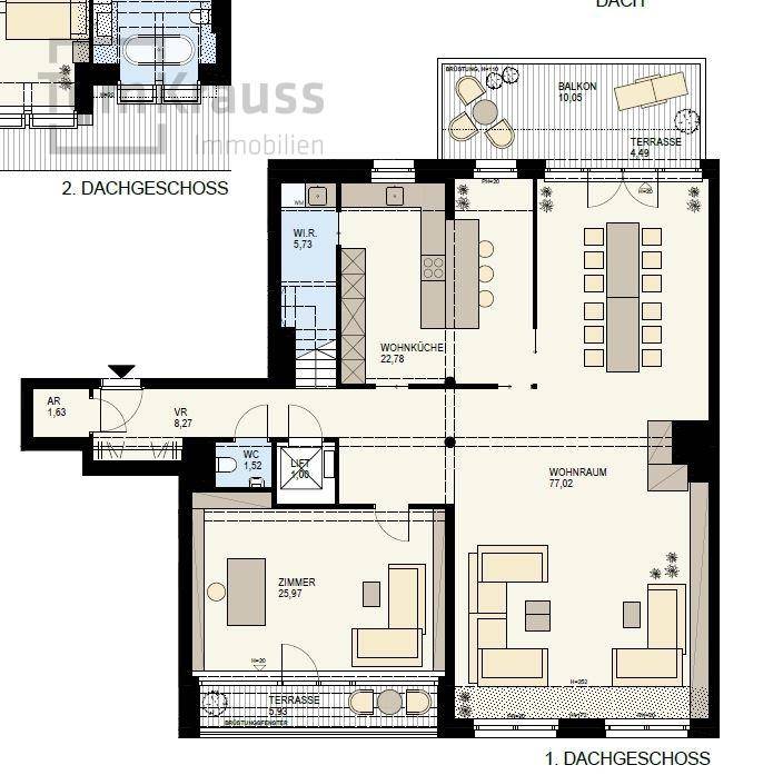 Grundriss des ersten Dachgeschosses mit Wohnküche, Zimmer, WC und mehreren Terrassenbereichen.
