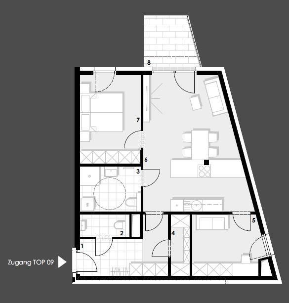 Grundriss einer Wohnung mit Schlafzimmer, Bad und offenem Wohnbereich sowie Balkon.