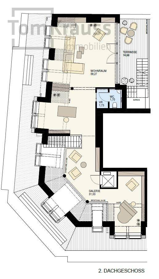 Grundriss des zweiten Dachgeschosses mit Wohnraum, Galerie und großer Terrasse.