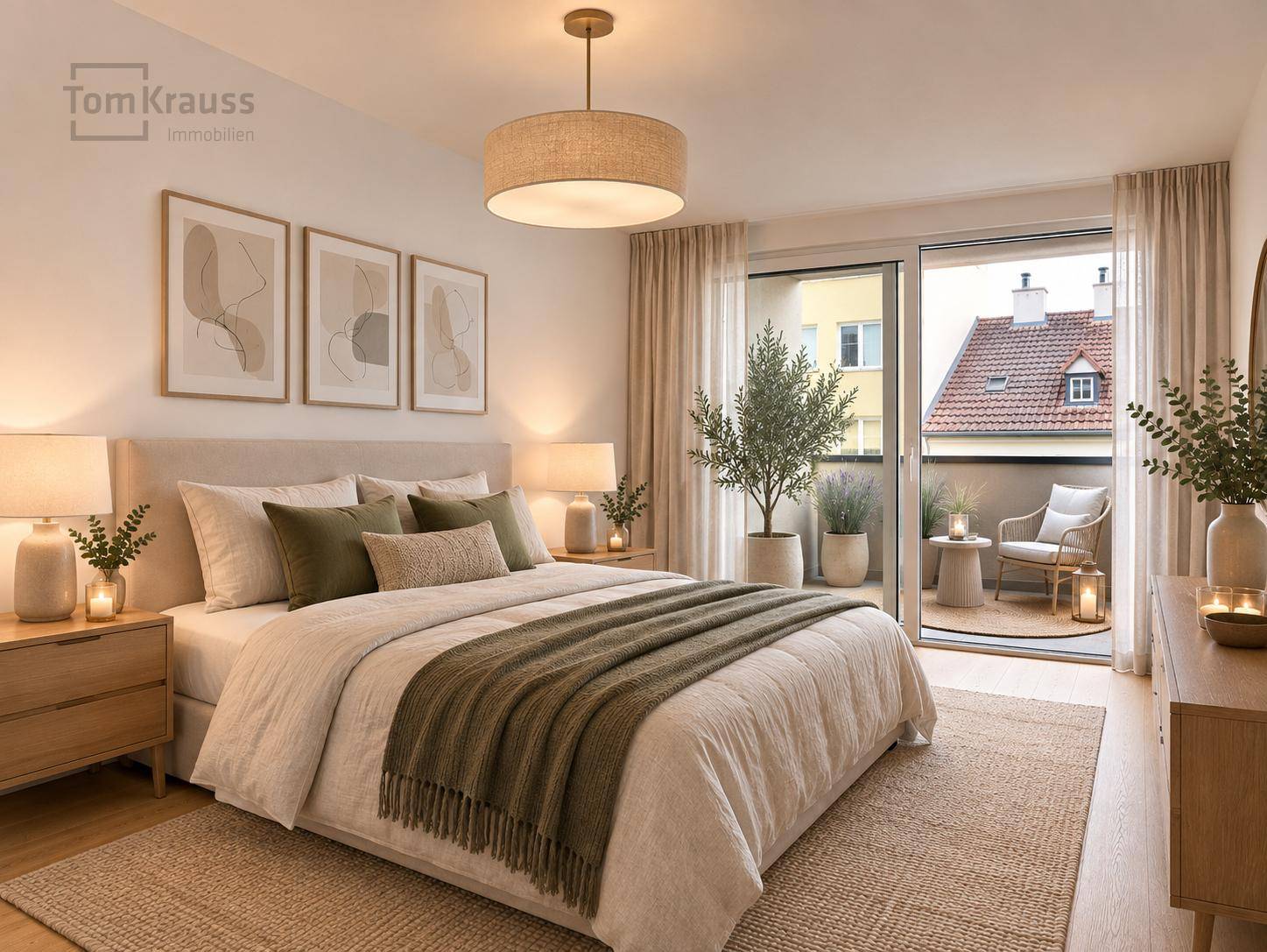 Gemütliches Schlafzimmer mit hellem Holzboden, modernem Bett und direktem Zugang zum Balkon.