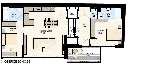 Grundriss des ersten Obergeschosses mit offener Wohnküche, Schlafzimmern und Balkon.
