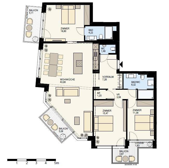 Grundriss einer Wohnung mit drei Zimmern, Wohnküche und mehreren Balkonen.