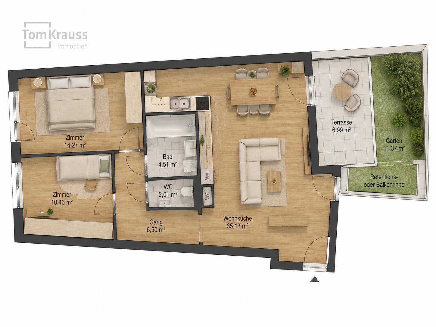 Detaillierter Grundriss einer Wohnung mit Wohnküche, Schlafzimmern, Bad, WC, Terrasse und Garten.