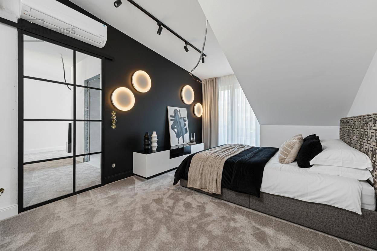 Modernes Schlafzimmer mit schwarzer Akzentwand, Dachschräge und Zugang zu einem Balkon.