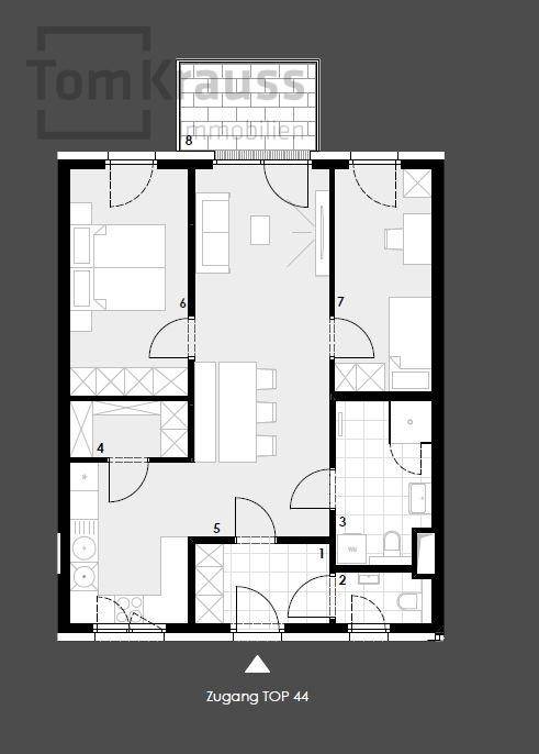 Detaillierter Grundriss einer Wohnung mit mehreren Zimmern, Bad und Balkonzugang.
