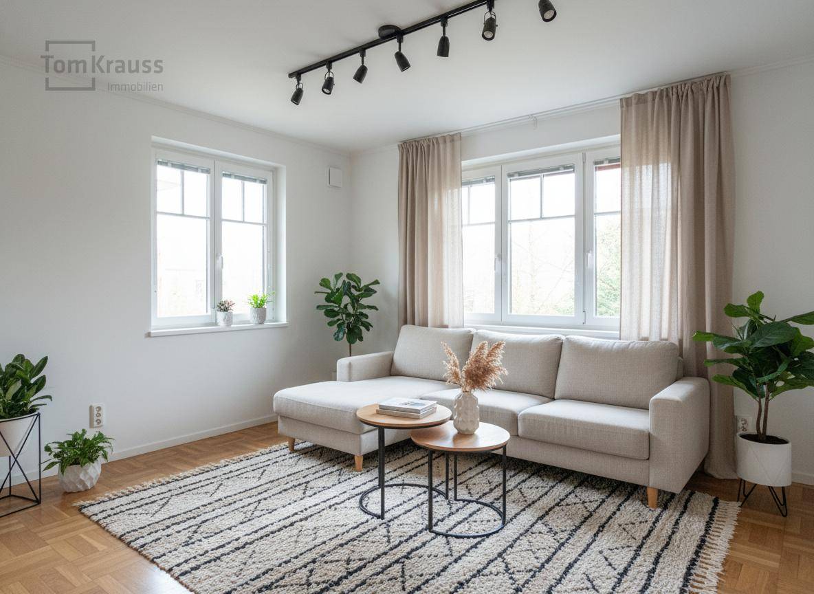 Helles Wohnzimmer mit beigem Ecksofa, modernem Teppich und Pflanzen, ausgestattet mit Parkettboden.