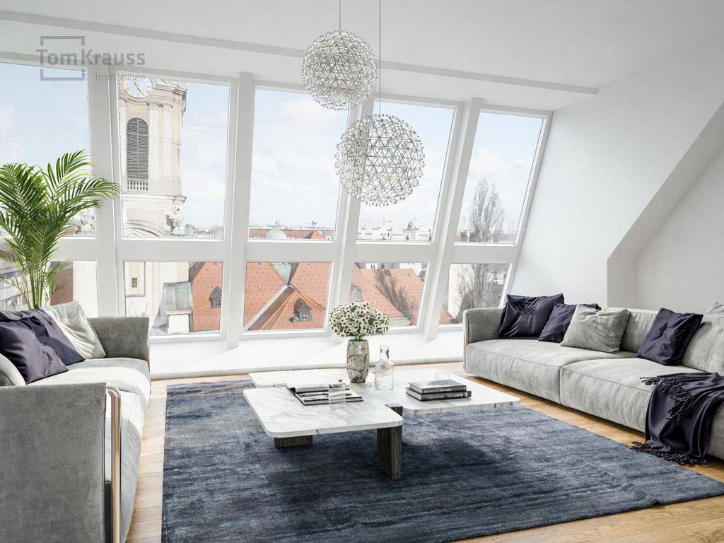 Helles Wohnzimmer mit großen Fenstern, Stadtblick und modernen Möbeln in Grautönen.