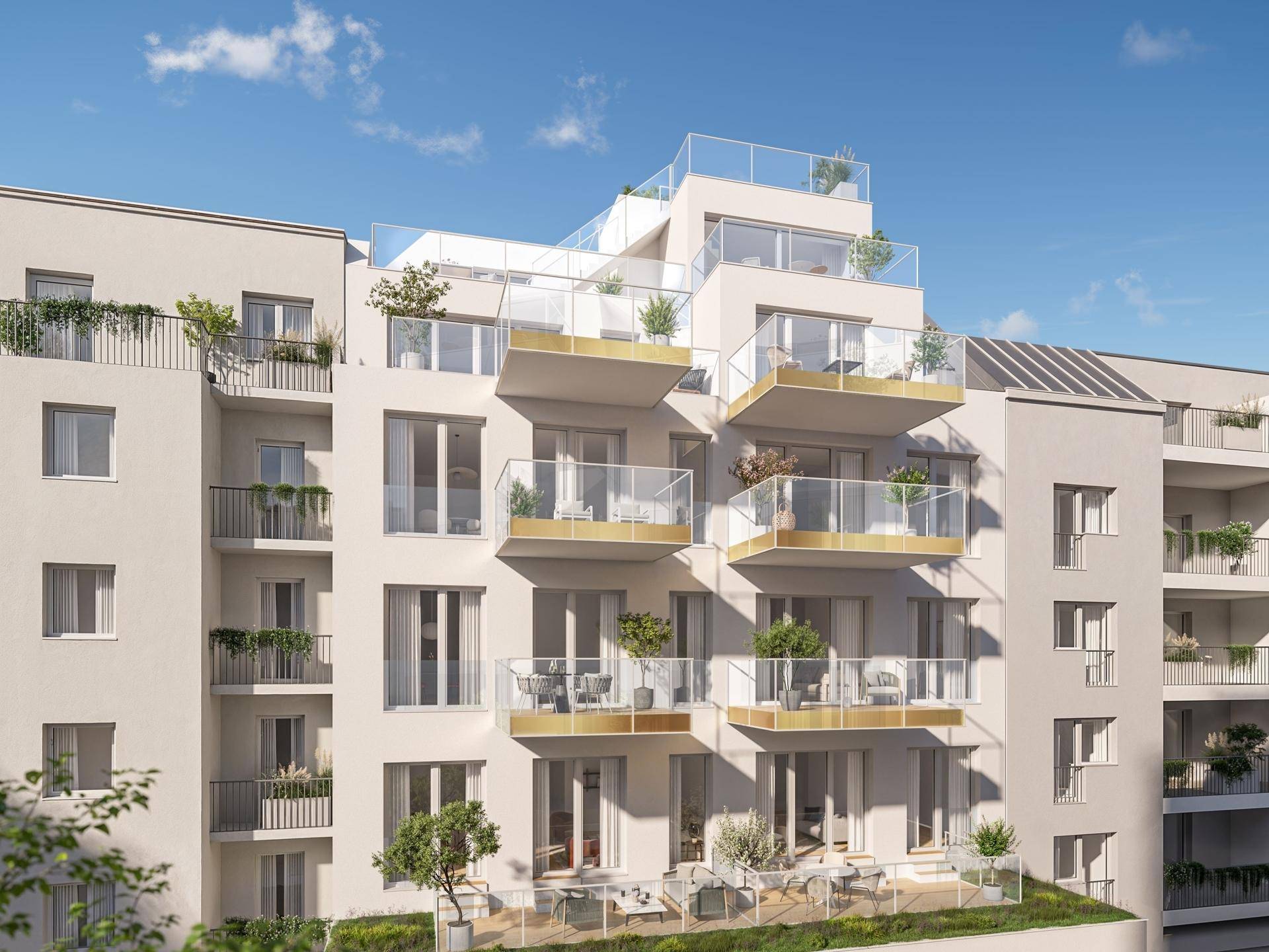 Ansicht einer modernen Wohnanlage mit gestuften Balkonen und Terrassen.