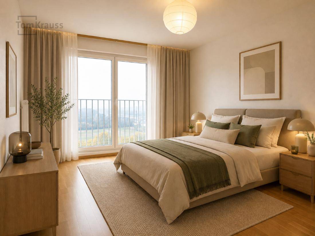 Modernes Schlafzimmer mit Doppelbett, Holzboden und Zugang zu einem französischen Balkon.