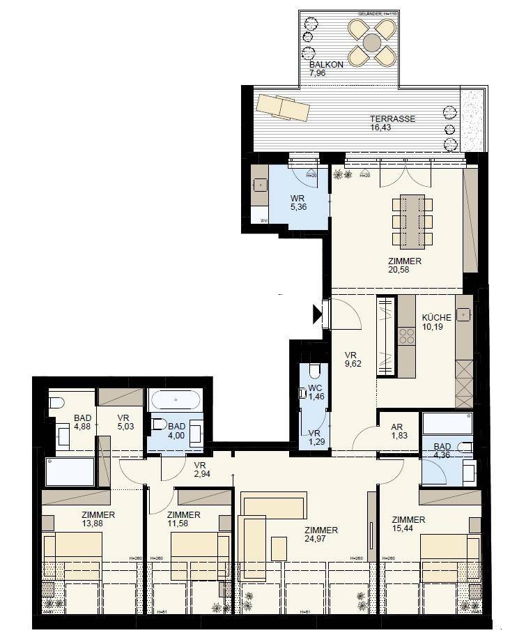 Detaillierter Grundriss einer Wohnung mit mehreren Zimmern, Bädern und einer großen Terrasse.