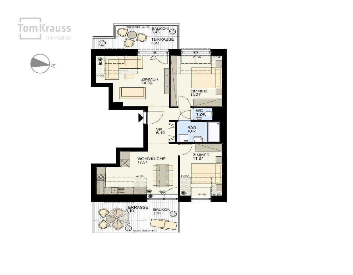 Detaillierter Grundriss einer Wohnung mit drei Zimmern, Wohnküche, Bad und zwei Terrassen.
