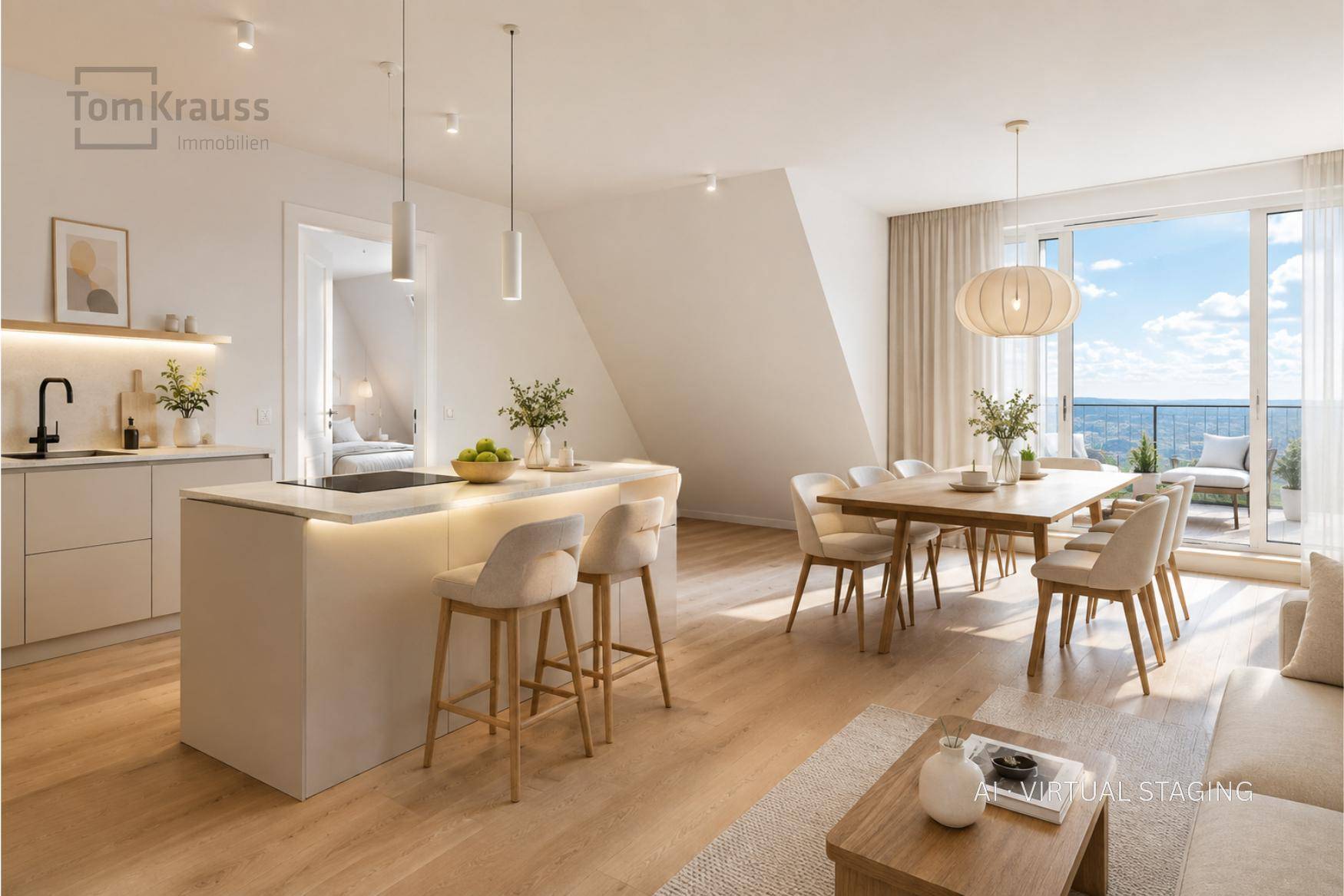 Offener Wohn-Essbereich mit moderner Küche, Holzboden und Zugang zum Balkon.