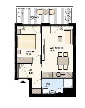Grundriss einer Wohnung mit einem Schlafzimmer, Wohnküche, Bad und einem Balkon von 9,55 m².
