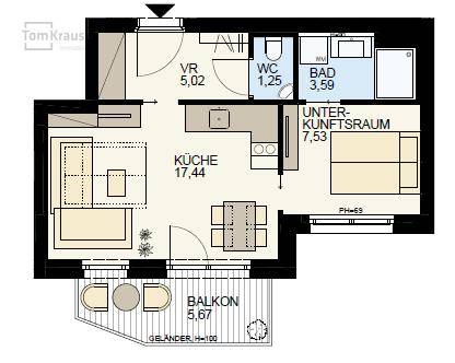 Grundriss einer Wohnung mit einem Schlafzimmer, Bad, WC und Balkon.