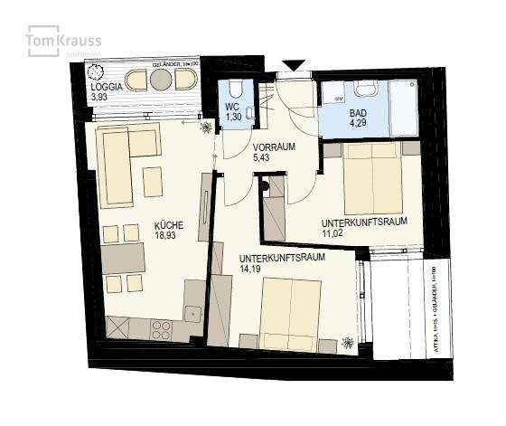 Grundriss einer Wohnung mit Loggia, separatem WC, Bad und zwei Unterkunftsräumen.