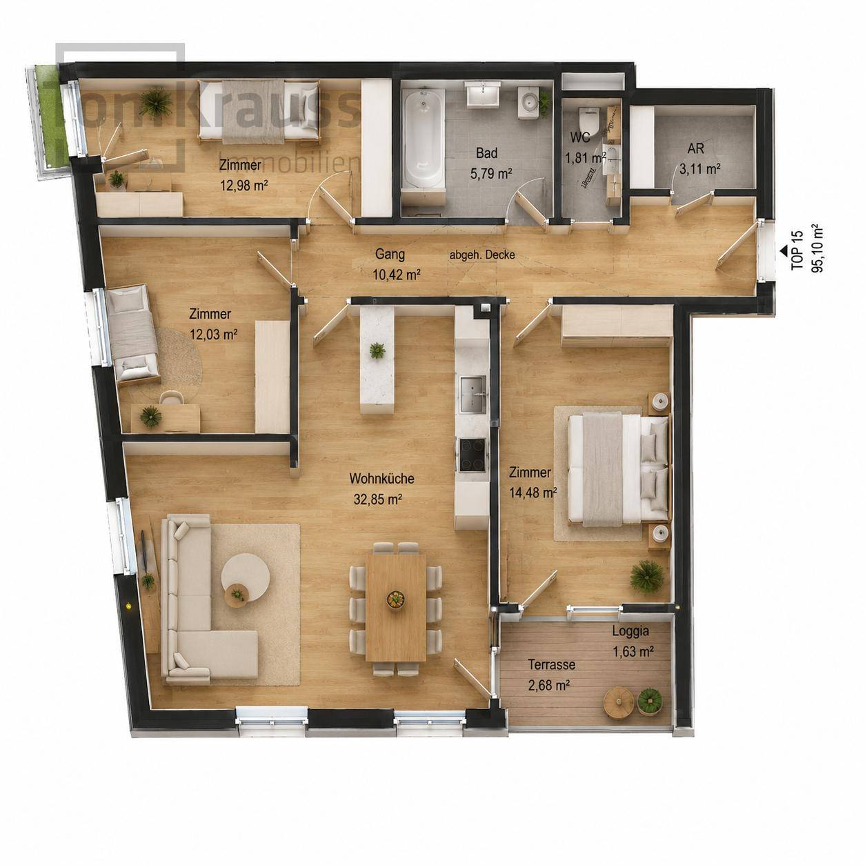 Detaillierter Grundriss einer Wohnung mit drei Zimmern, Wohnküche und Terrasse.