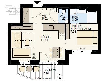 Grundriss einer Wohnung mit Balkon, Küche, Bad und Schlafzimmer.