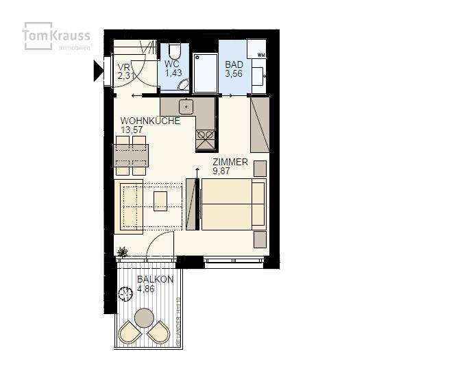 Grundriss einer Wohnung mit Wohnküche, Zimmer, Bad, WC und Balkon.