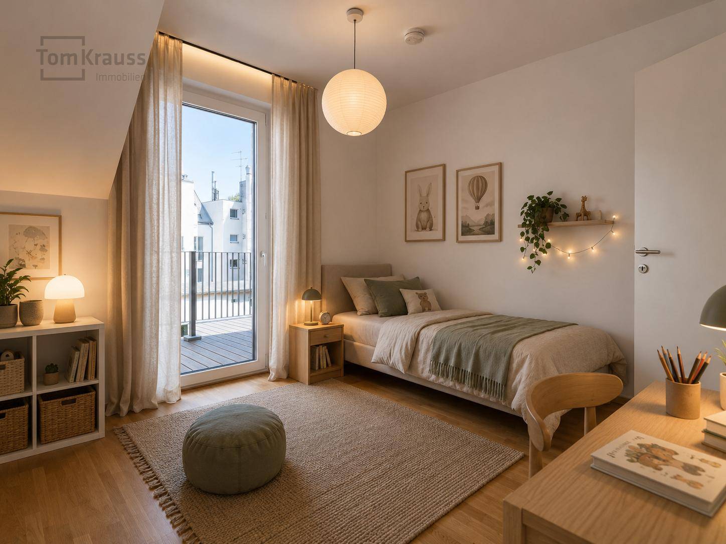 Kinderzimmer mit Holzboden, Einzelbett und Zugang zu einem Balkon, hell und freundlich.