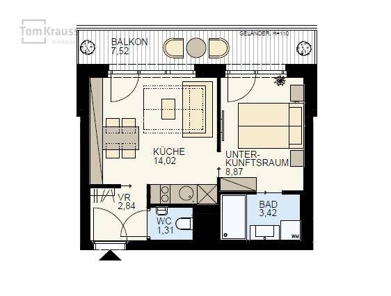 Detaillierter Grundriss einer Wohnung mit Balkon, Küche, Schlafzimmer und separatem WC.